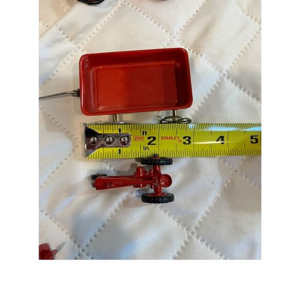 Vtg Set Of 8 Miniature Dollhouse Red Metal Tandem Bicycle Tricycle Wagon Trumpet - Picture 14 of 15